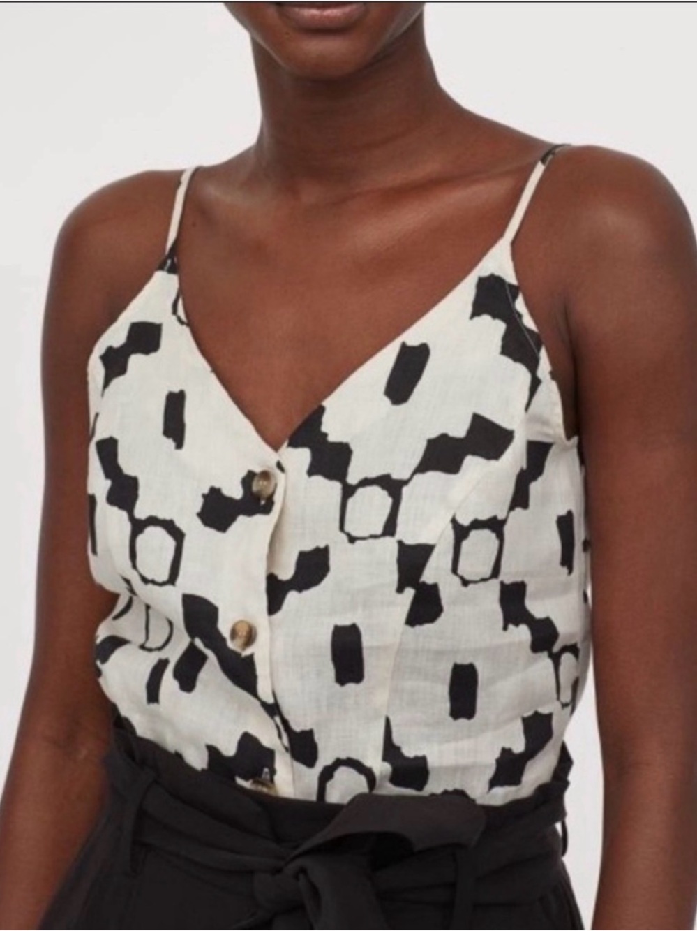 H&M Linen Black and off White Printed V-Neck Cami